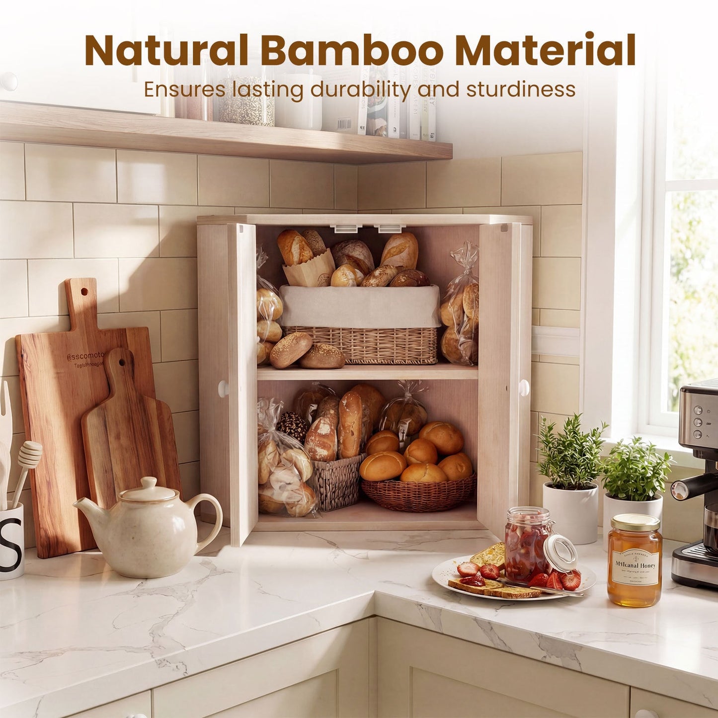 Corner Bread Box for Kitchen Counter Bamboo Double Layer Breadbox Organizer-White