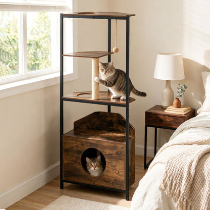 Corner Cat Tree with Scratching Post Playing Ball and Through-hole Design-Rusticbrown