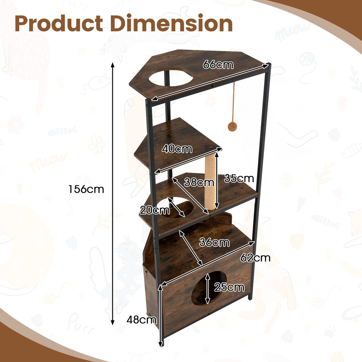 Corner Cat Tree with Scratching Post Playing Ball and Through-hole Design-Rusticbrown