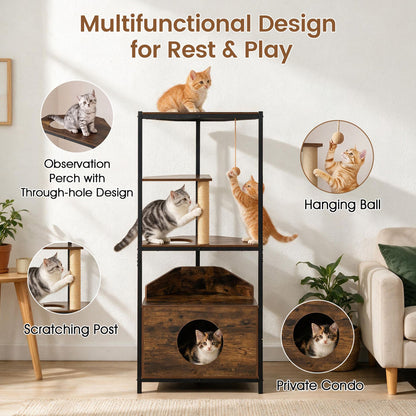 Corner Cat Tree with Scratching Post Playing Ball and Through-hole Design-Rusticbrown