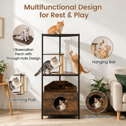 Corner Cat Tree with Scratching Post Playing Ball and Through-hole Design-Rusticbrown