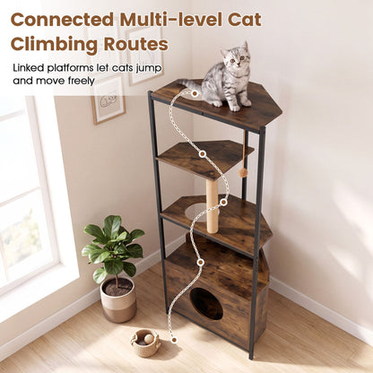 Corner Cat Tree with Scratching Post Playing Ball and Through-hole Design-Rusticbrown