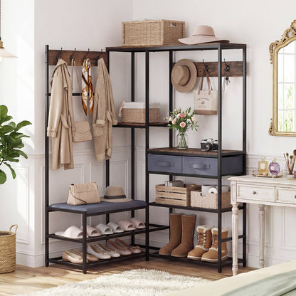Corner Coat Rack with Shoe Bench and Shelves for Entryway-Rustic Brown