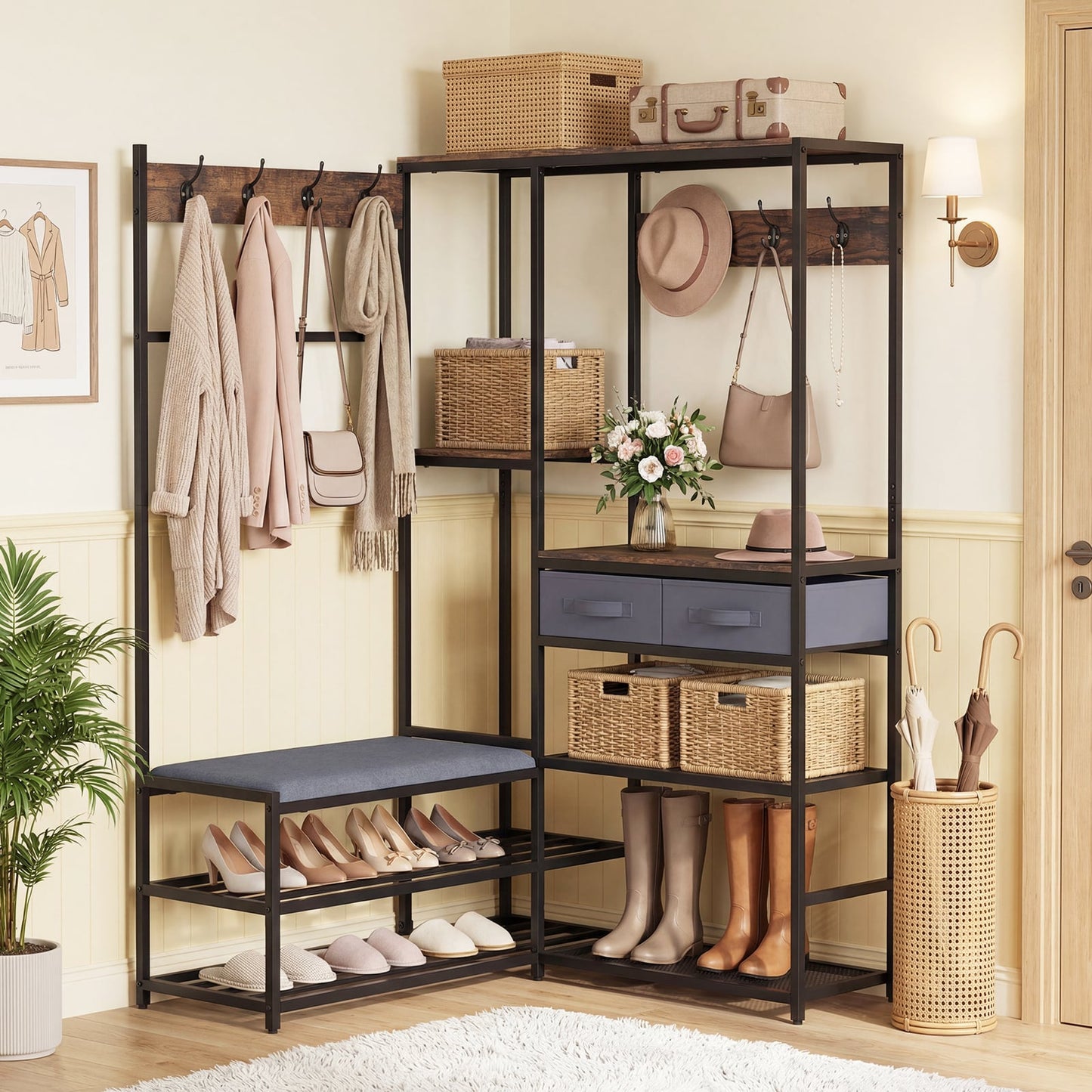 Corner Coat Rack with Shoe Bench and Shelves for Entryway-Rustic Brown