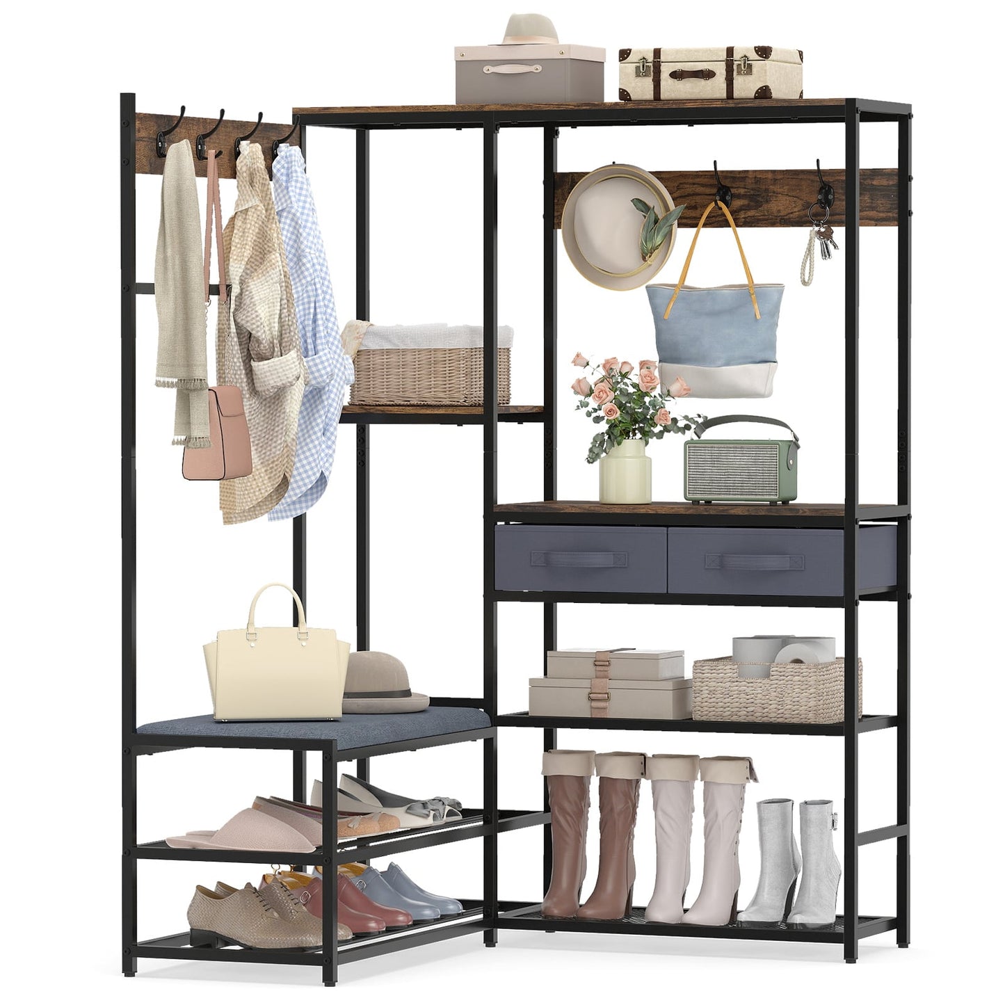 Corner Coat Rack with Shoe Bench and Shelves for Entryway-Rustic Brown