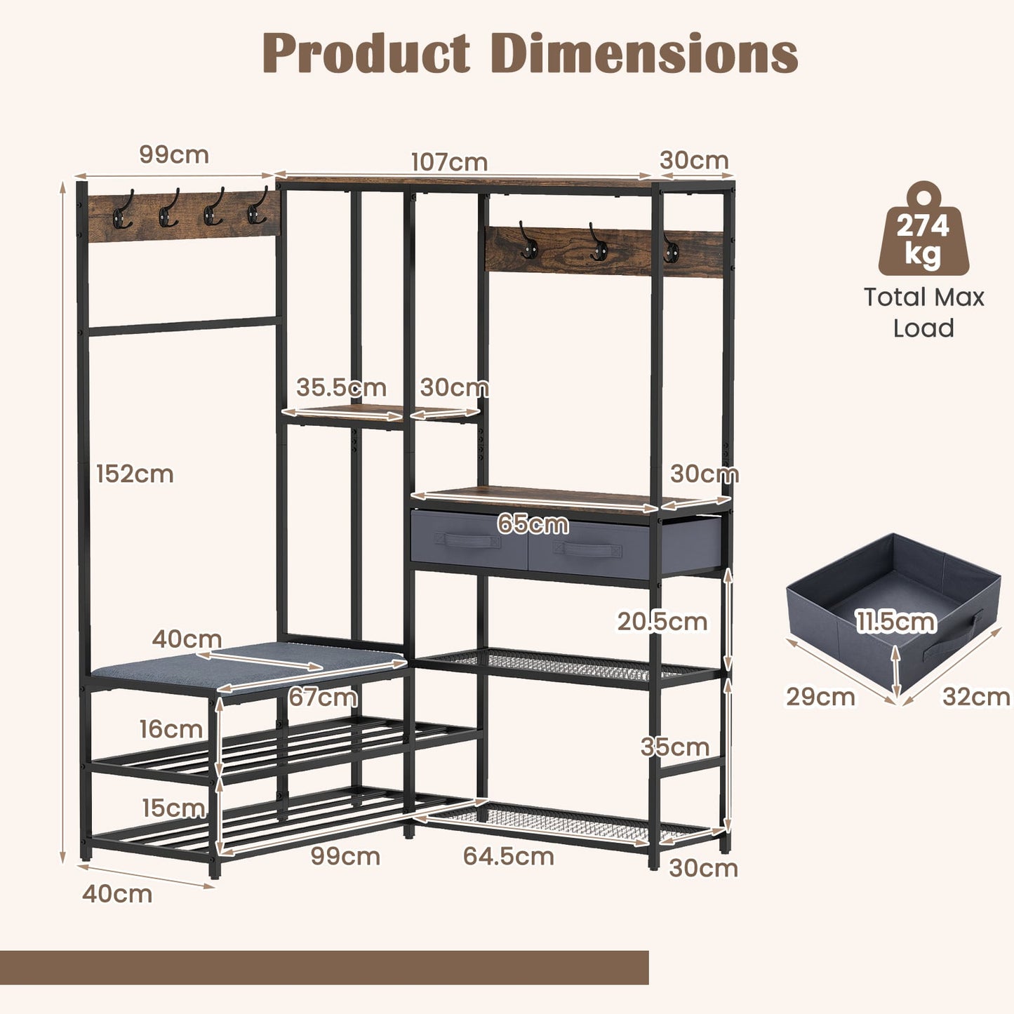 Corner Coat Rack with Shoe Bench and Shelves for Entryway-Rustic Brown