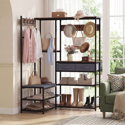 Corner Coat Rack with Shoe Bench and Shelves for Entryway-Rustic Brown