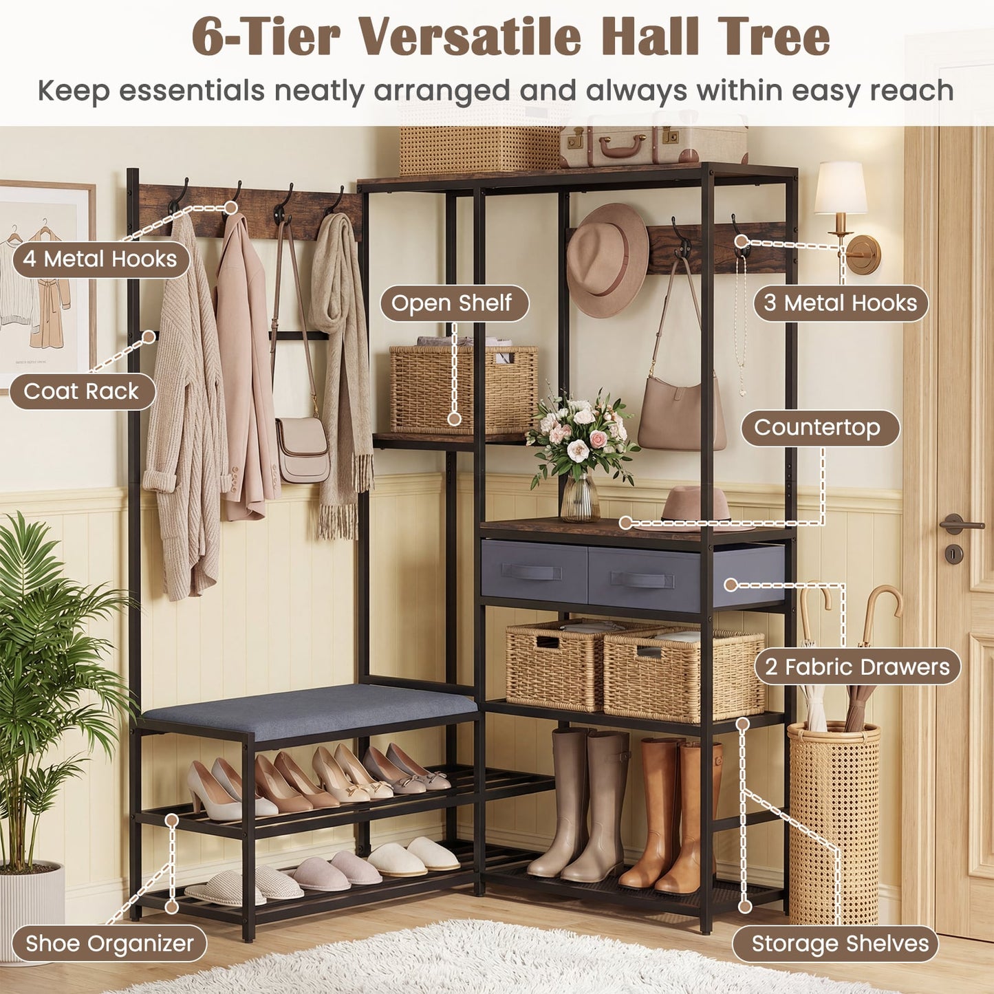 Corner Coat Rack with Shoe Bench and Shelves for Entryway-Rustic Brown