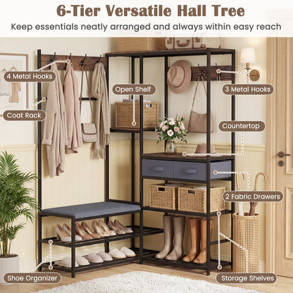 Corner Coat Rack with Shoe Bench and Shelves for Entryway-Rustic Brown
