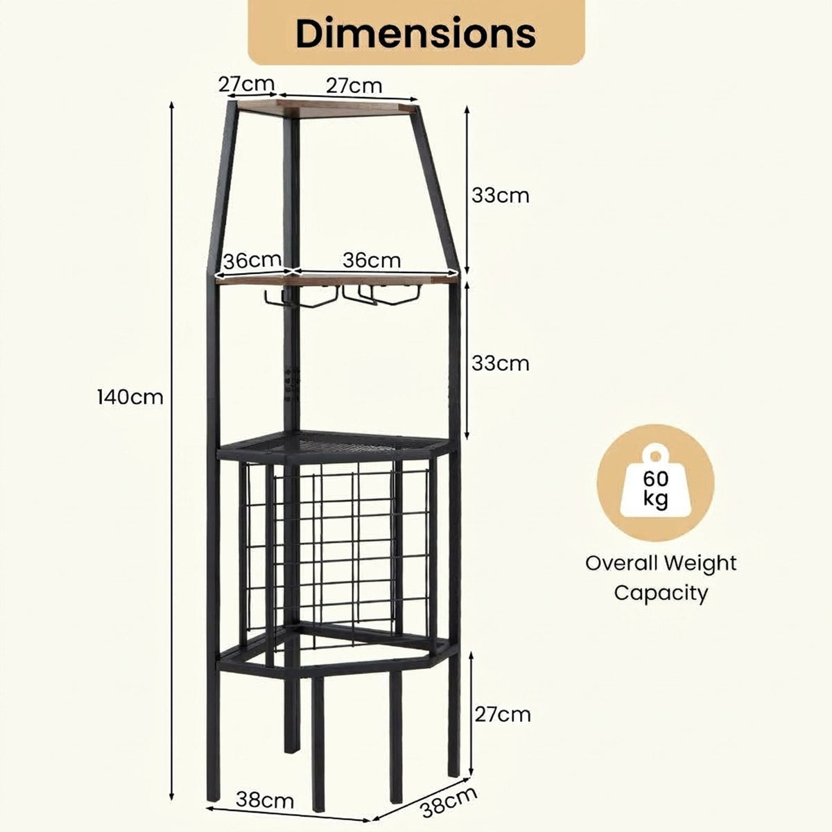 Corner Wine Rack with Glass Holder and Storage Shelves-Rustic Brown
