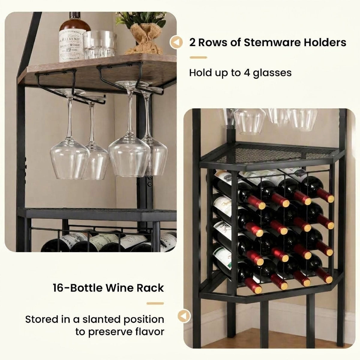 Corner Wine Rack with Glass Holder and Storage Shelves-Rustic Brown