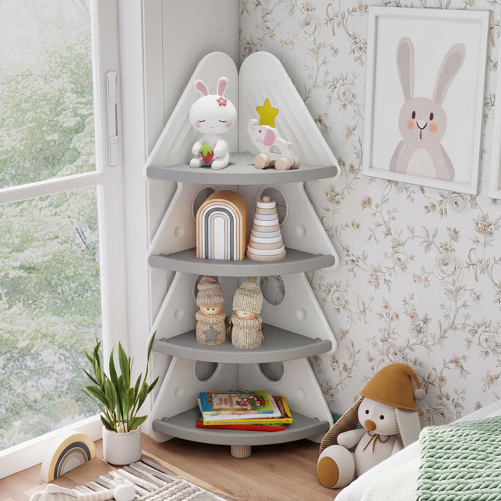 4-Tier Kids Corner Bookshelf for Kids Room and Nursery Playroom-White