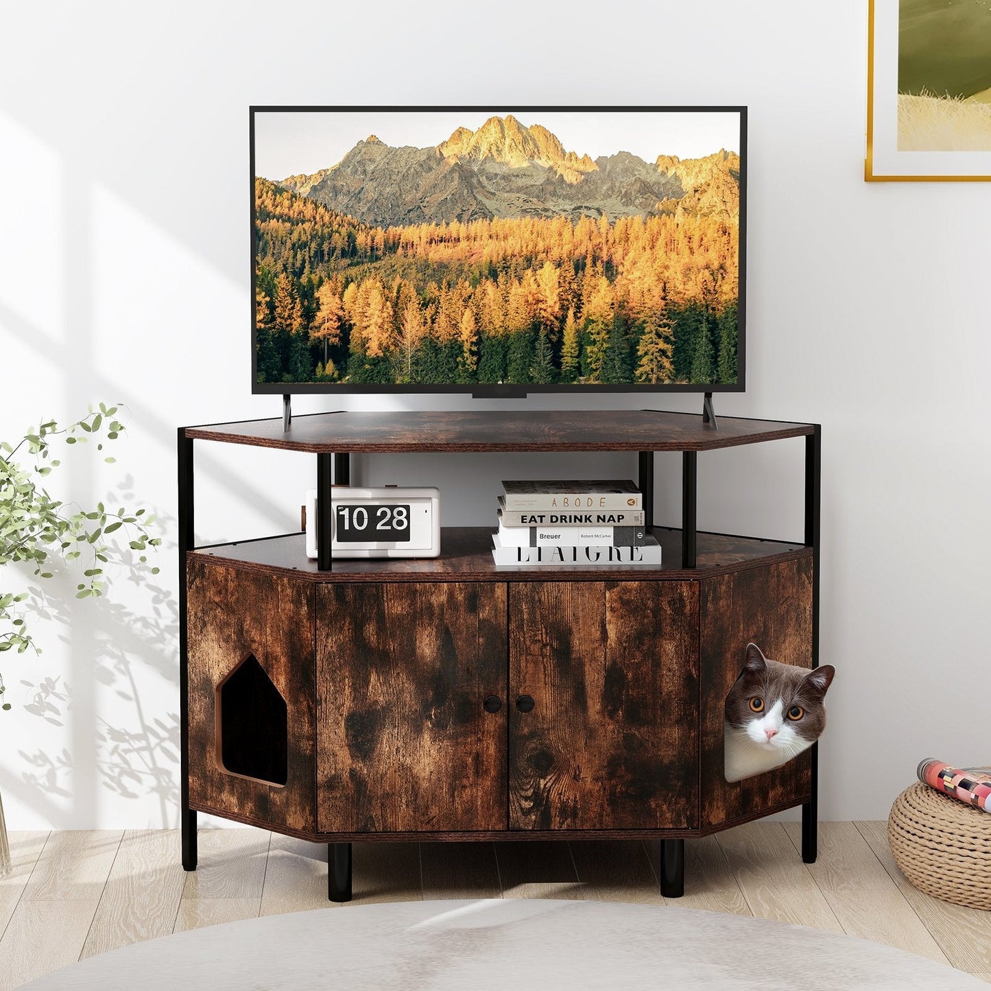 Corner Cat Litter Box Enclosure with Open Shelf-Rustic Brown