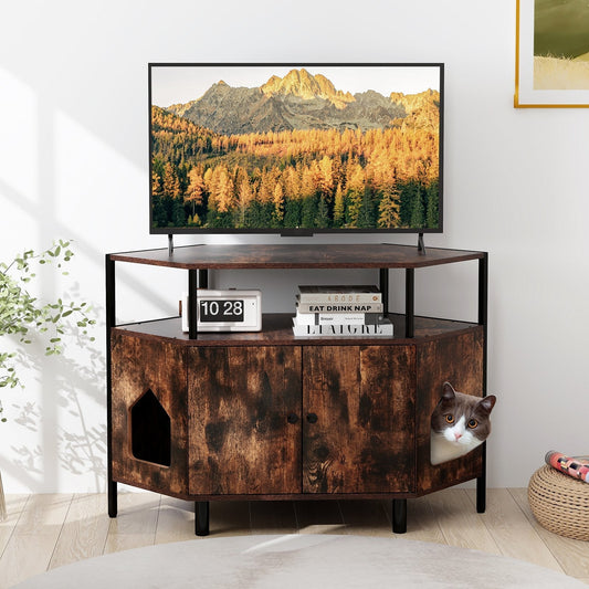 Corner Cat Litter Box Enclosure with Open Shelf-Rustic Brown