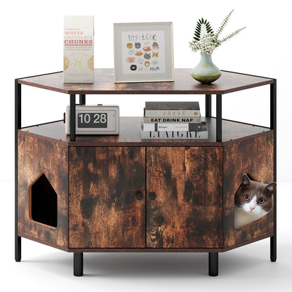 Corner Cat Litter Box Enclosure with Open Shelf-Rustic Brown