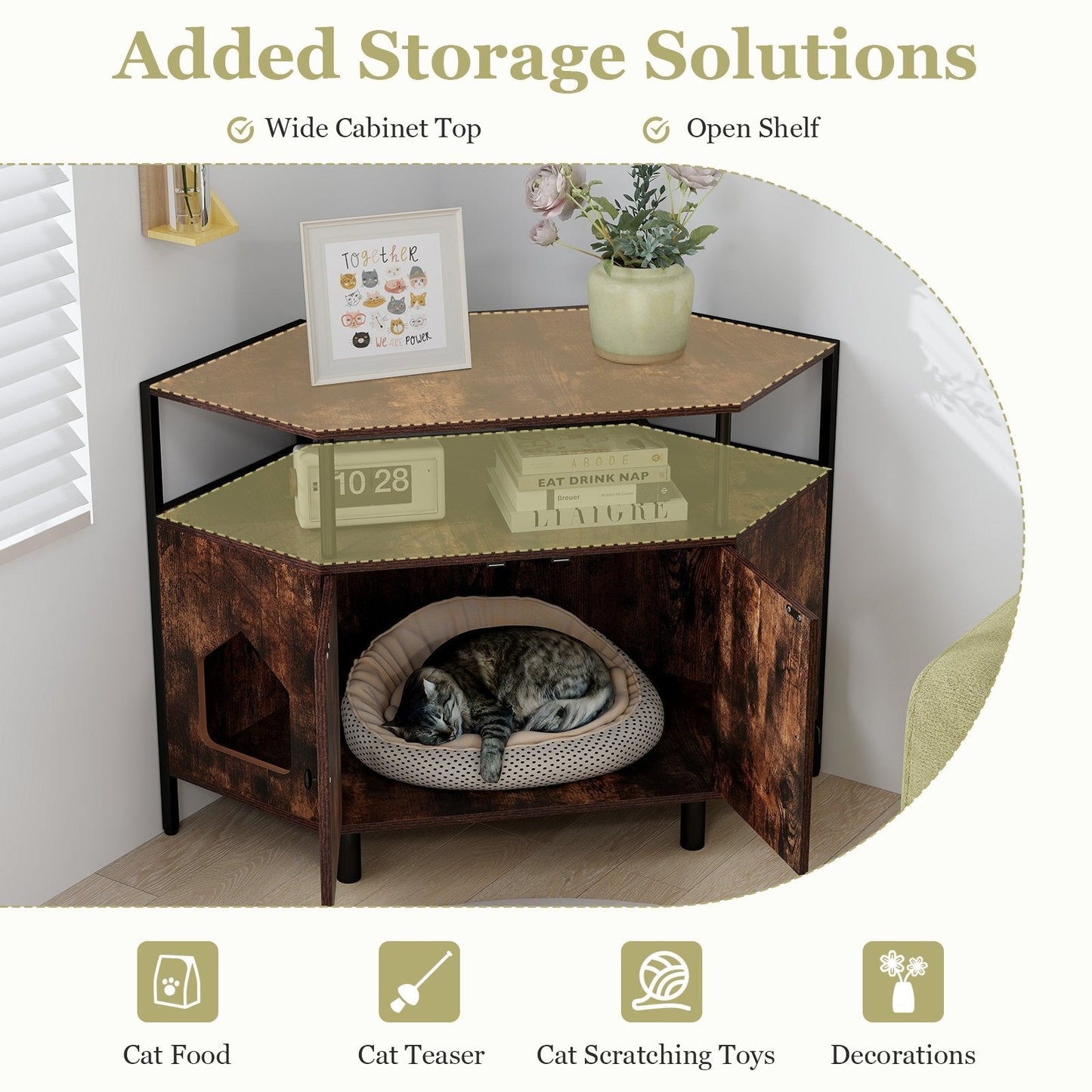 Corner Cat Litter Box Enclosure with Open Shelf-Rustic Brown