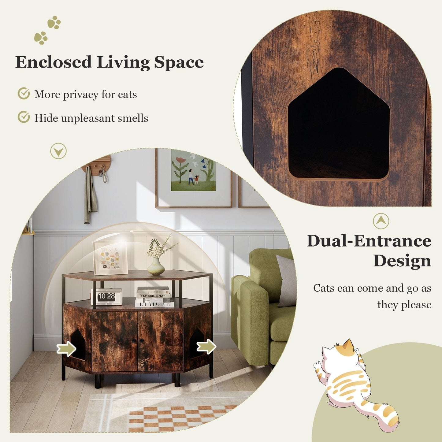 Corner Cat Litter Box Enclosure with Open Shelf-Rustic Brown