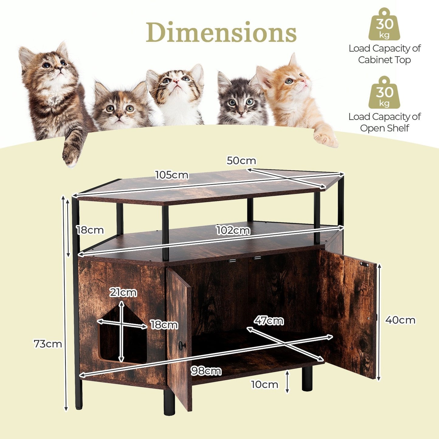 Corner Cat Litter Box Enclosure with Open Shelf-Rustic Brown