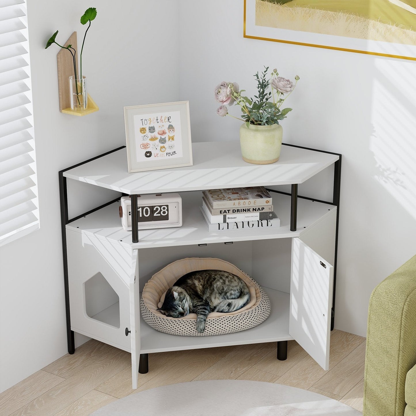 Corner Cat Litter Box Enclosure with Open Shelf-White