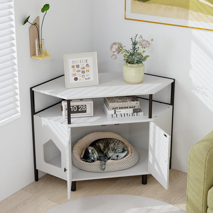 Corner Cat Litter Box Enclosure with Open Shelf-White