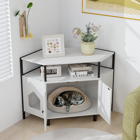 Corner Cat Litter Box Enclosure with Open Shelf-White