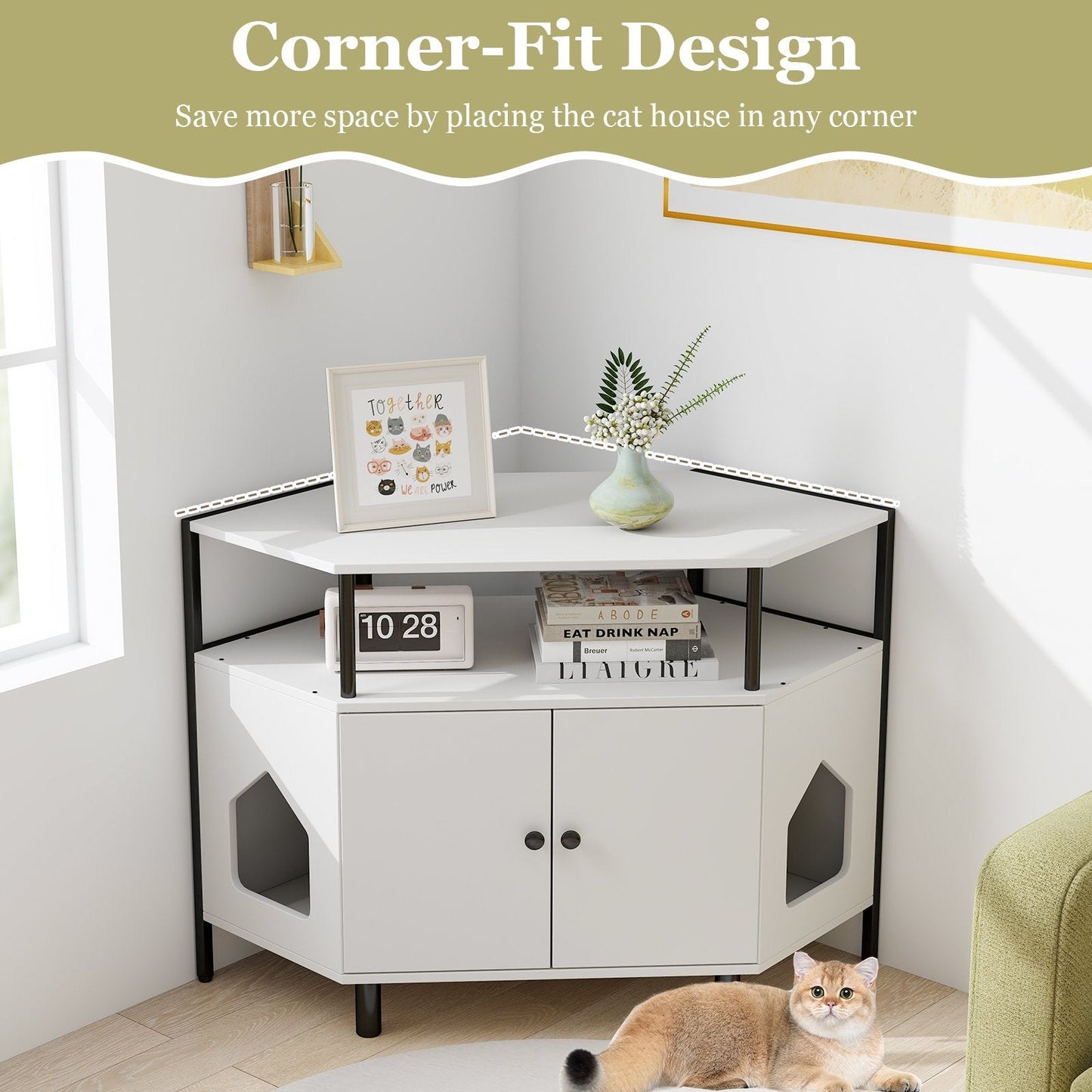 Corner Cat Litter Box Enclosure with Open Shelf-White