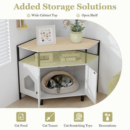 Corner Cat Litter Box Enclosure with Open Shelf-White