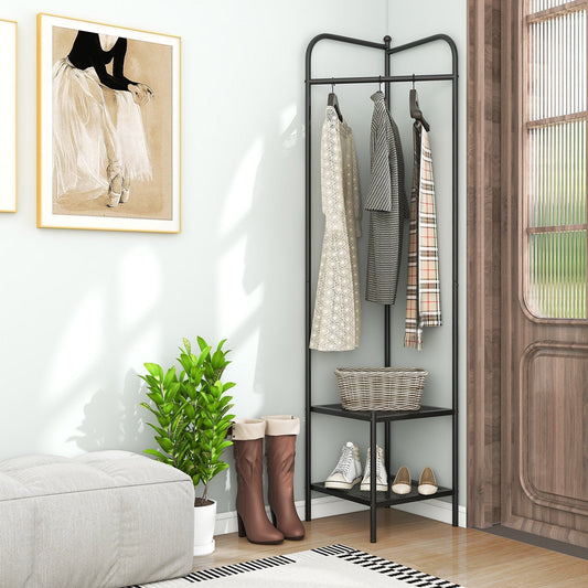 Corner Coat Rack with Shelves and Top Hanger-Black