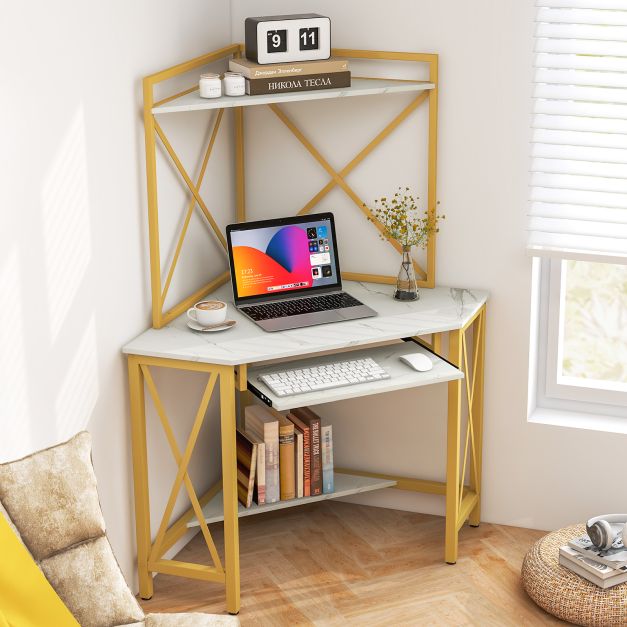 Corner Computer Desk with Hutch Storage Shelves and Keyboard Tray-White