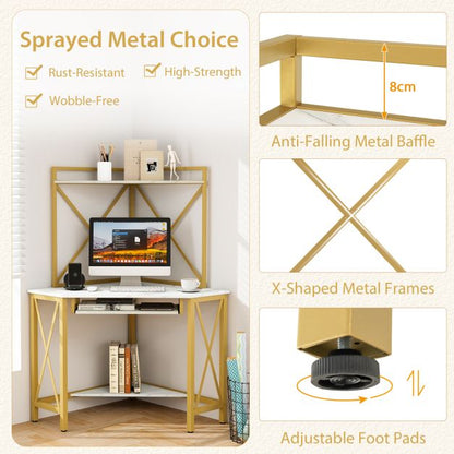 Corner Computer Desk with Hutch Storage Shelves and Keyboard Tray-White