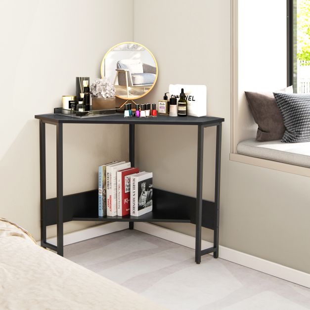 Corner Desk 90-degree Triangle Computer Desk with Power Outlet-Black