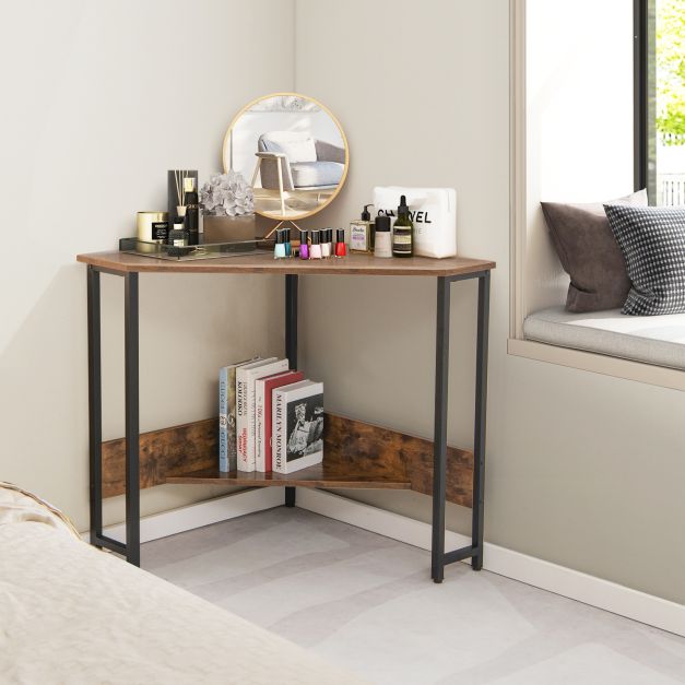 Corner Desk 90-degree Triangle Computer Desk with Power Outlet-Rustic Brown