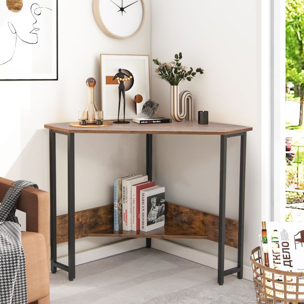 Corner Desk 90-degree Triangle Computer Desk with Power Outlet-Rustic Brown