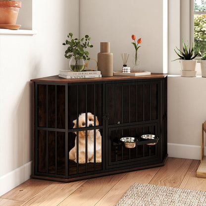 Corner Dog Crate Space Saving Dog Cage with Adjustable Feeder-Coffee