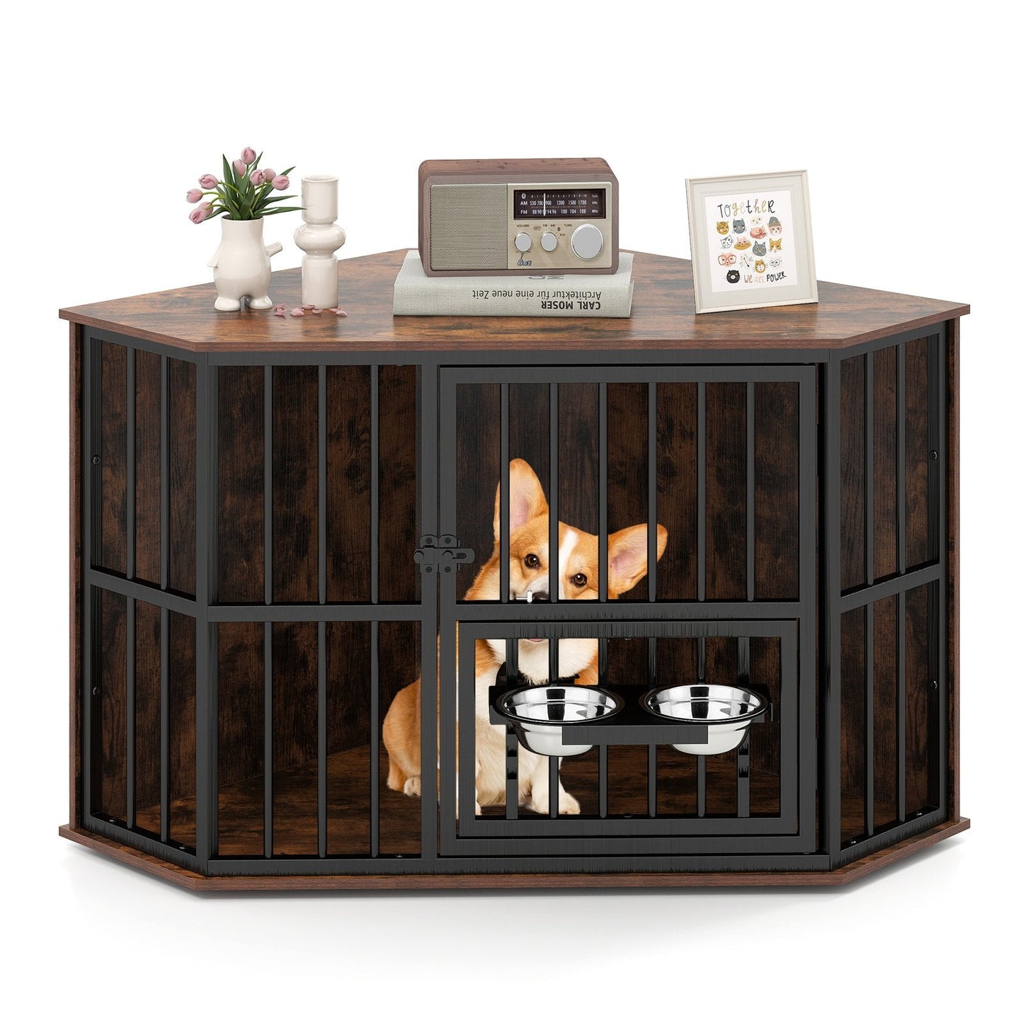 Corner Dog Crate Space Saving Dog Cage with Adjustable Feeder-Coffee