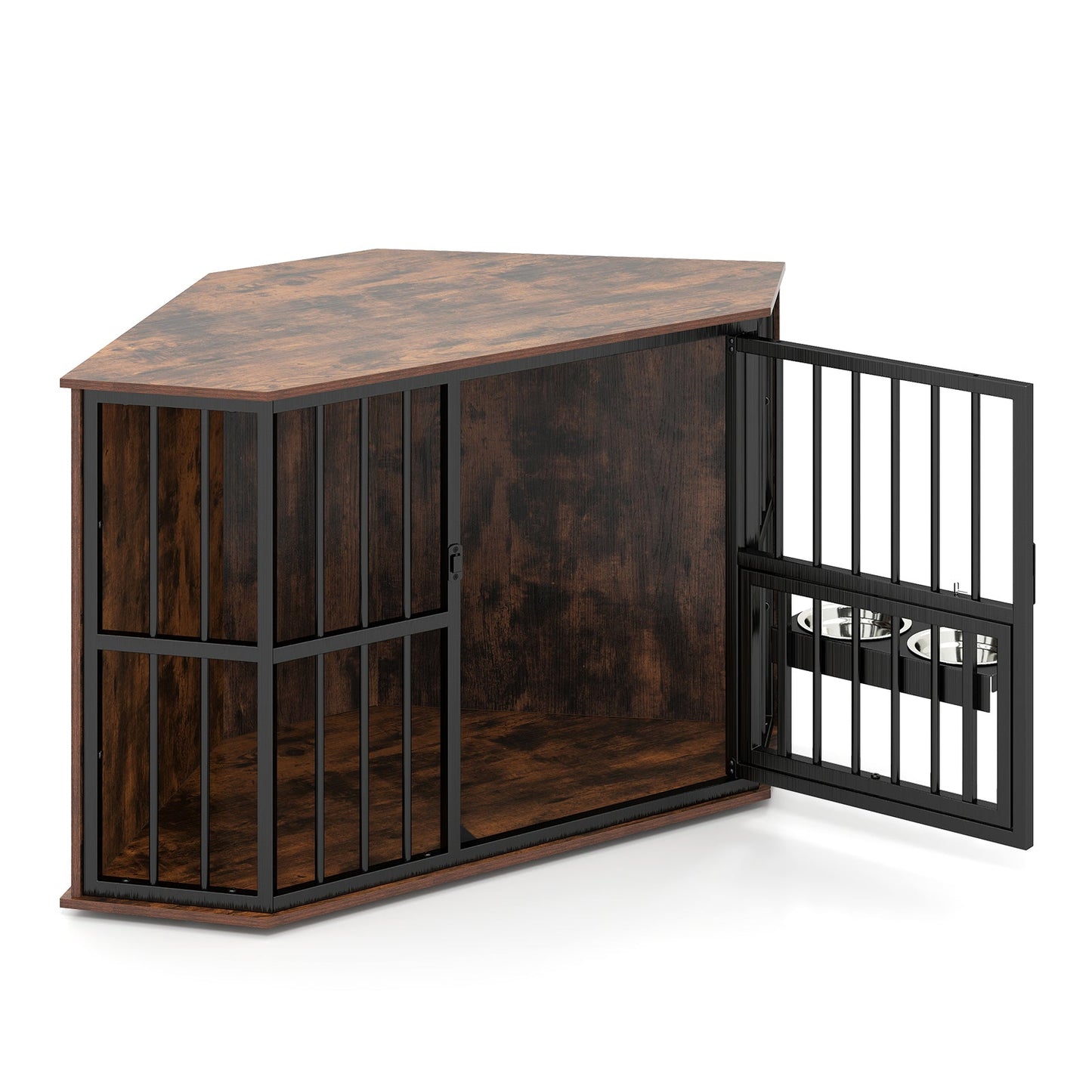 Corner Dog Crate Space Saving Dog Cage with Adjustable Feeder-Coffee