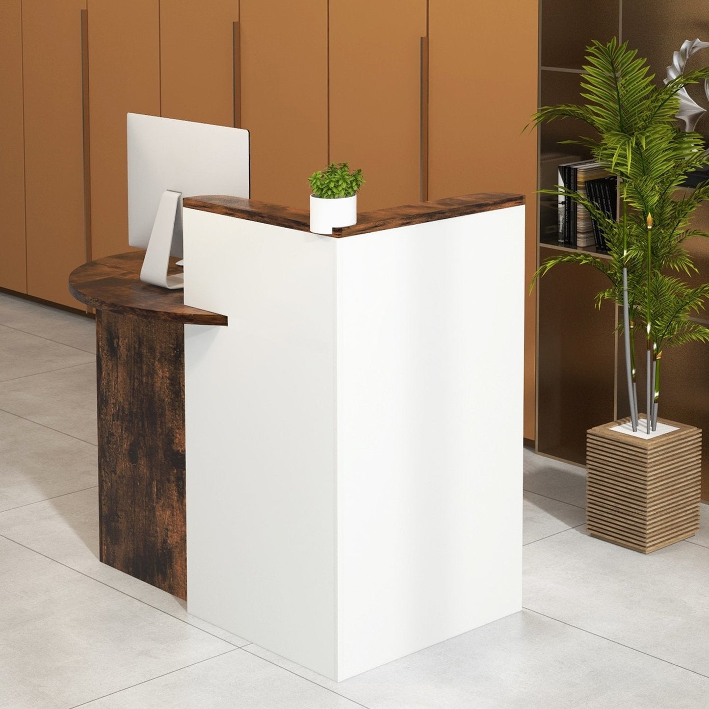 Corner Front Reception Counter Desk with Lockable Drawer-Coffee