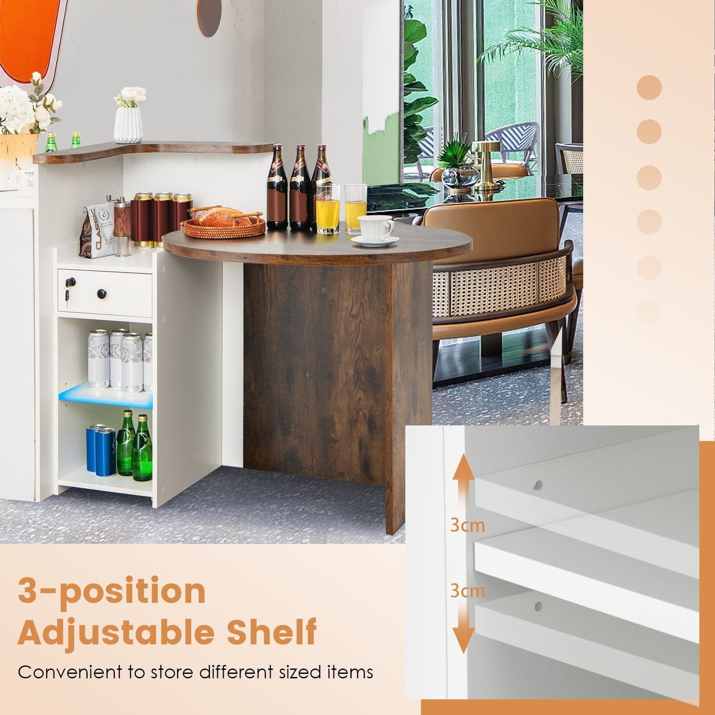 Corner Front Reception Counter Desk with Lockable Drawer-Coffee