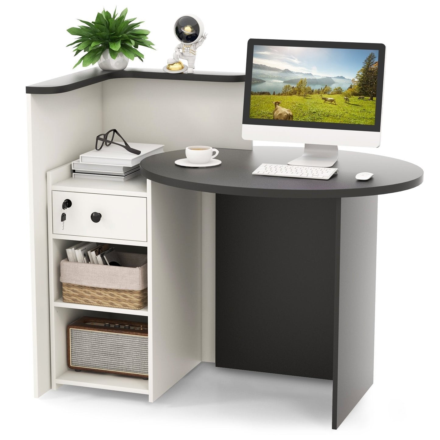 Corner Front Reception Counter Desk with Lockable Drawer-Black