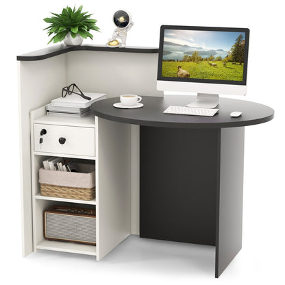 Corner Front Reception Counter Desk with Lockable Drawer-Black