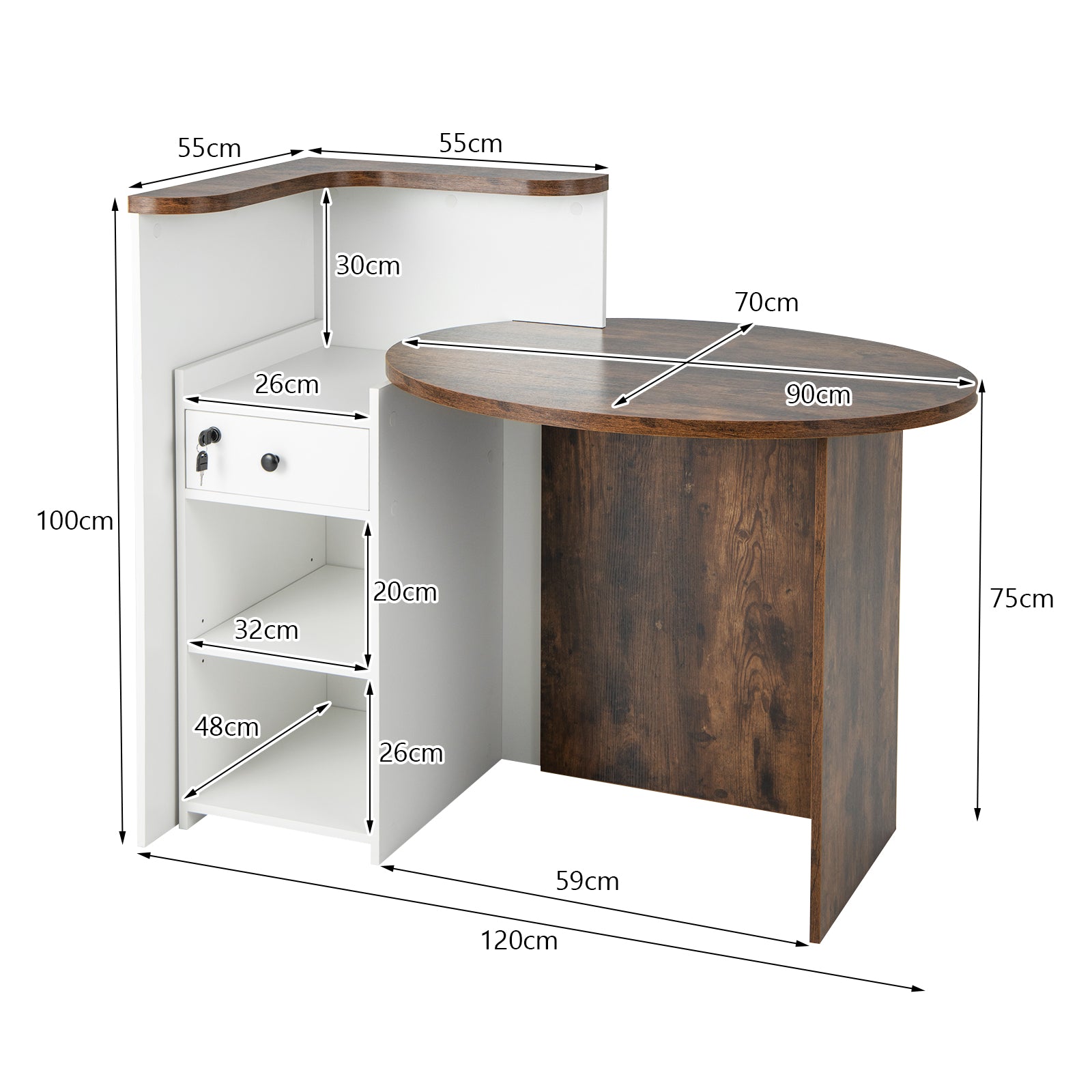 Corner Front Reception Counter Desk with Lockable Drawer-Coffee