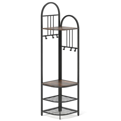 Corner Hall Tree 4-Tier Coat Rack with Storage Bench and Hooks-Rustic Brown