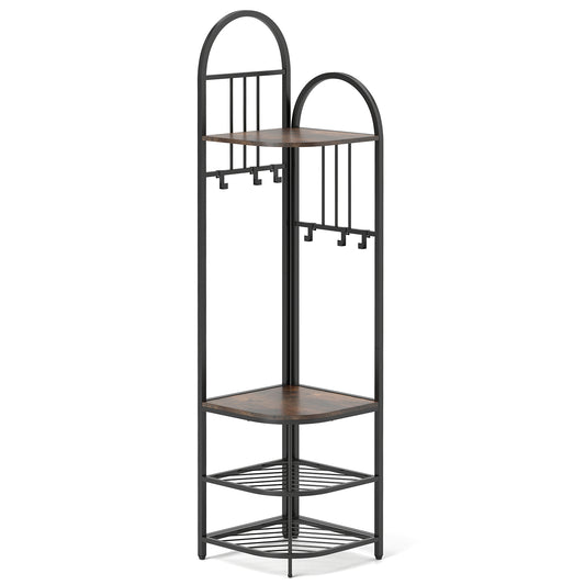 Corner Hall Tree 4-Tier Coat Rack with Storage Bench and Hooks-Rustic Brown