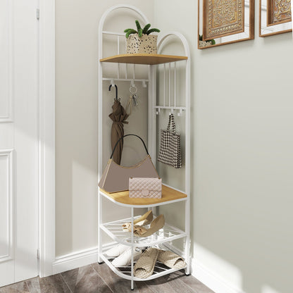 Corner Hall Tree 4-Tier Coat Rack with Storage Bench and Hooks-Natural