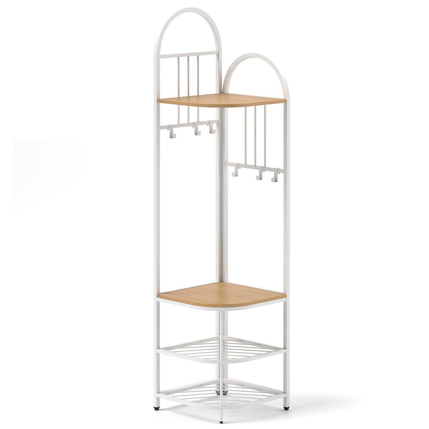 Corner Hall Tree 4-Tier Coat Rack with Storage Bench and Hooks-Natural