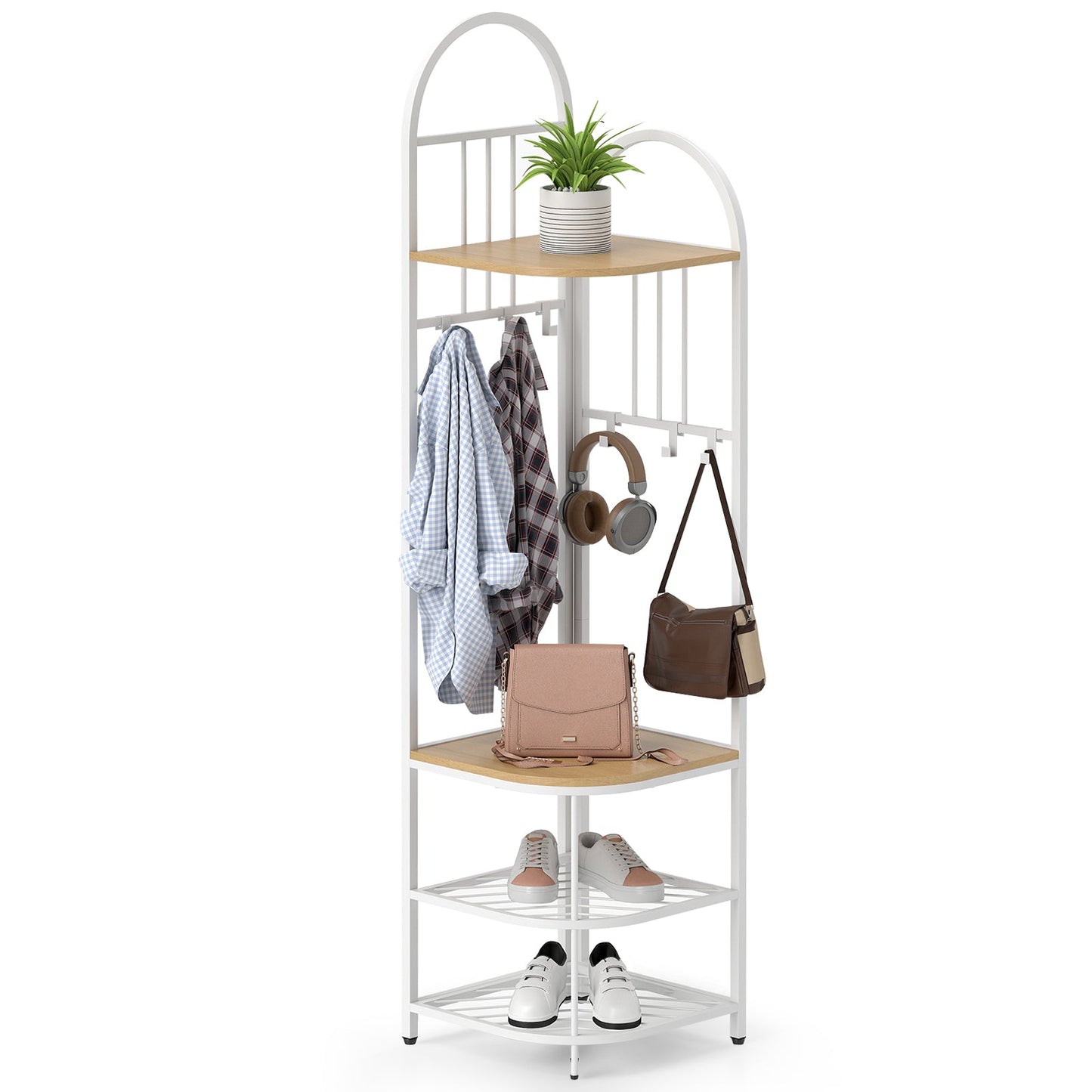 Corner Hall Tree 4-Tier Coat Rack with Storage Bench and Hooks-Natural