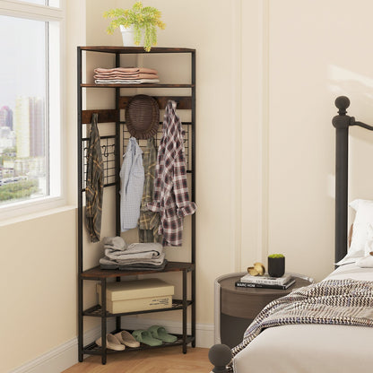 Corner Hall Tree 5-Tier Coat Rack with Shoe Storage Bench-Rustic Brown