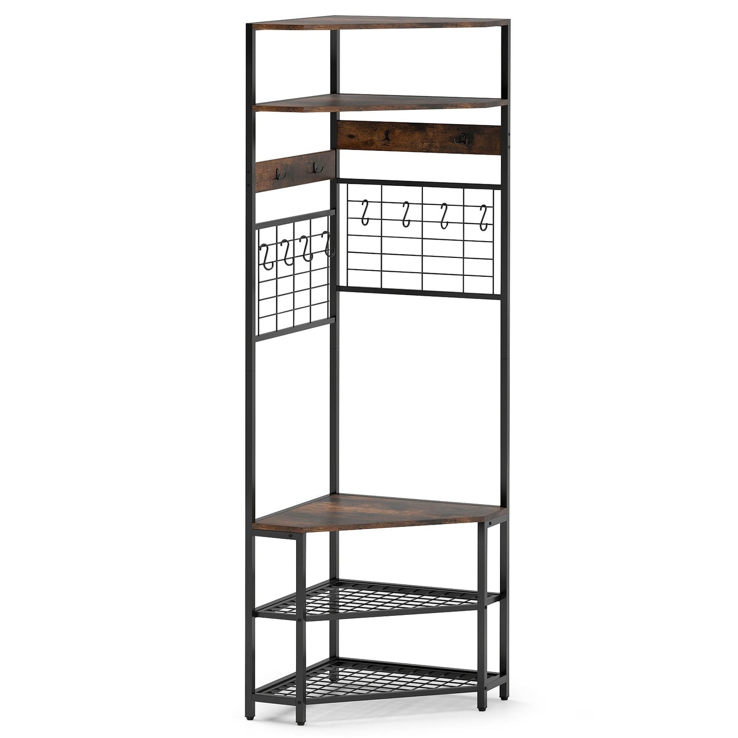 Corner Hall Tree 5-Tier Coat Rack with Shoe Storage Bench-Rustic Brown