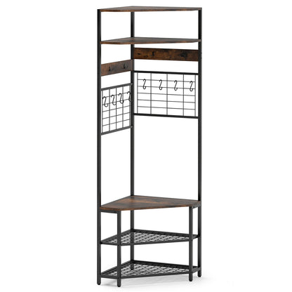 Corner Hall Tree 5-Tier Coat Rack with Shoe Storage Bench-Rustic Brown
