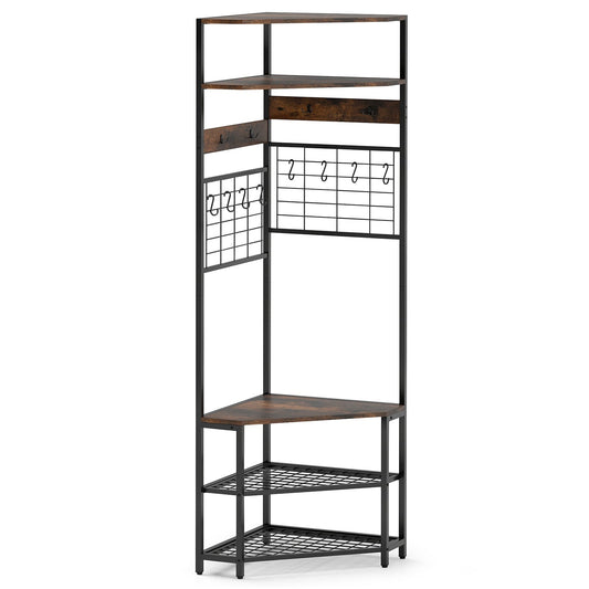 Corner Hall Tree 5-Tier Coat Rack with Shoe Storage Bench-Rustic Brown